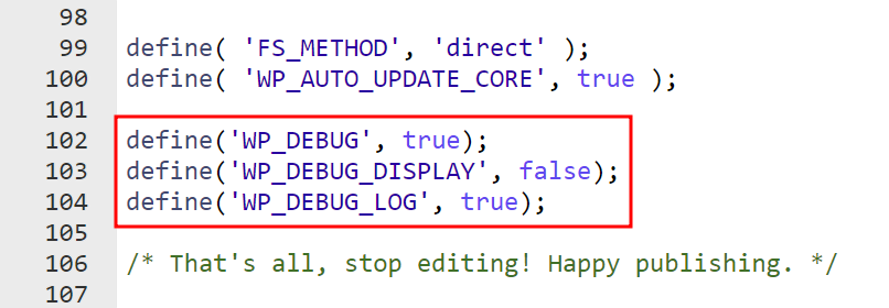 Adding a code snippet to wp-config file to enable WordPress debug log mode