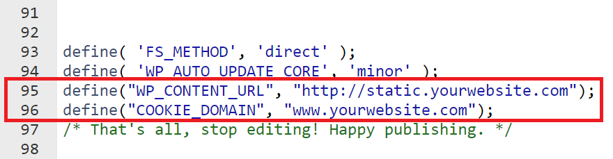 The wp-config.php file on the public_html directory, highlighting the scripts