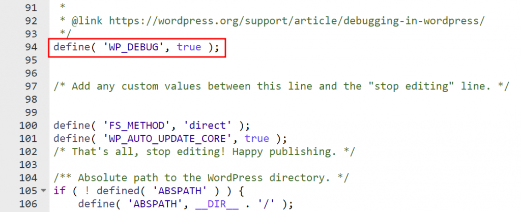 wp-config.php file being opened in File Manager, highlighting the added WP_DEBUG code with its value set to TRUE