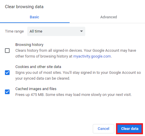 Selecting the Clear data button on Google Chrome