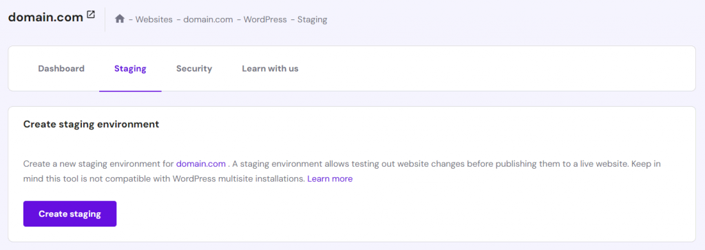 WordPress staging tool in hPanel