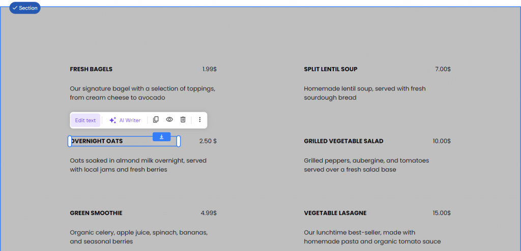 The Edit text button on Hostinger Website Builder's Menu editor