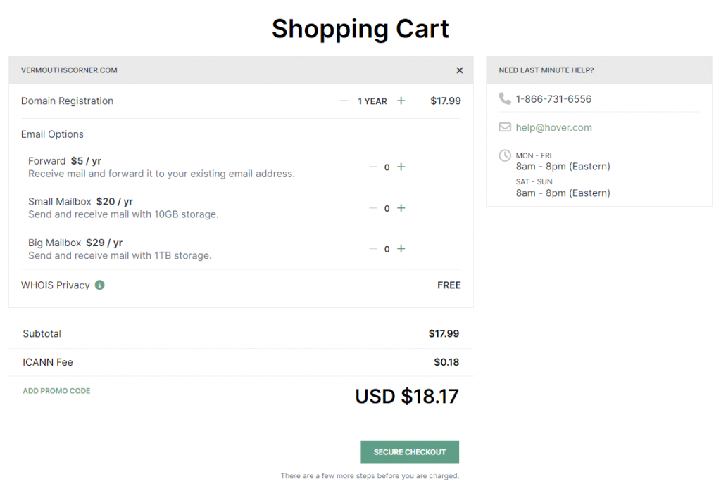 Pricing simulation for Hover domain name registration