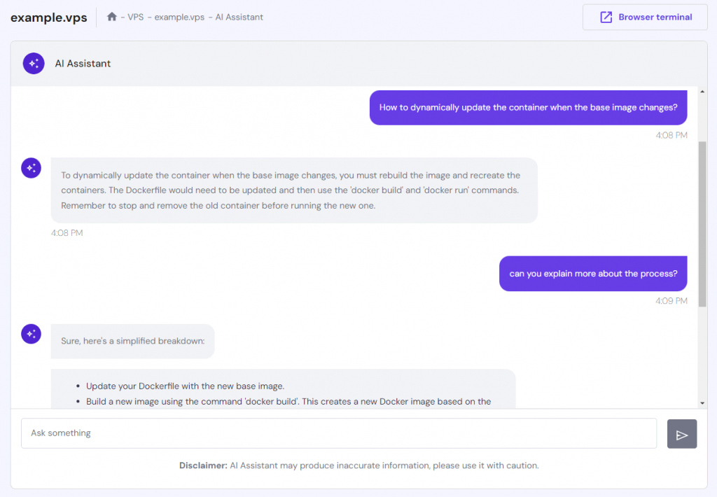 Using the AI Assistant feature on the VPS dashboard