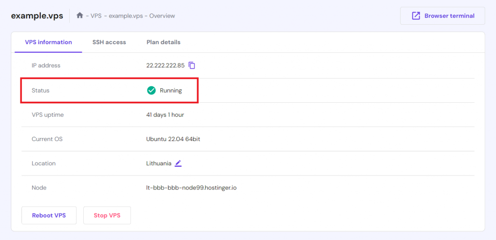 A running VPS information on hPanel