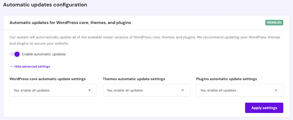 WordPress Enhanced Automatic Updates advanced settings