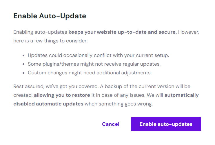 A popup confirmation to activate WordPress Enhanced Automatic Updates