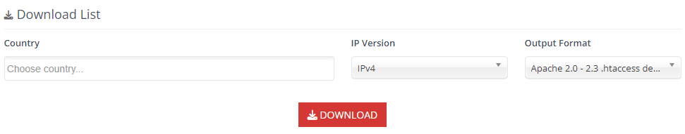 The interface of IP2Location IP list tool, showing the country, IP version, and output format menus.