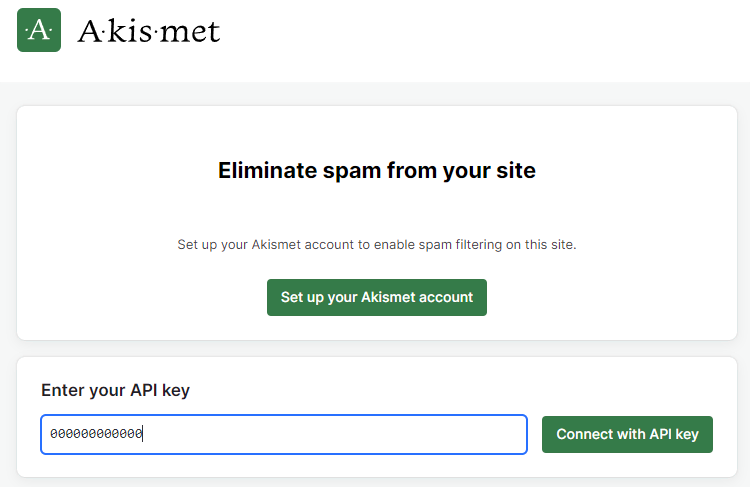 Insert your key to connect with Akismet API