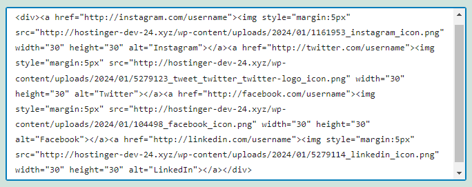 WordPress' Custom HTML block with lines of code for adding Facebook, LinkedIn, Twitter, and Instagram's custom icons
