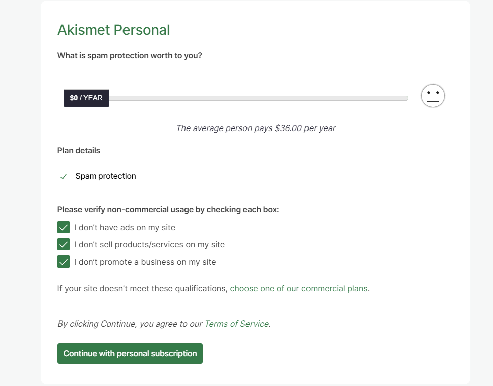 Akismet account setup form