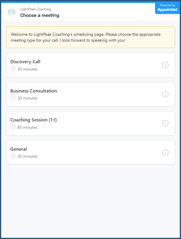 LightPeak Coaching website scheduling appointment feature