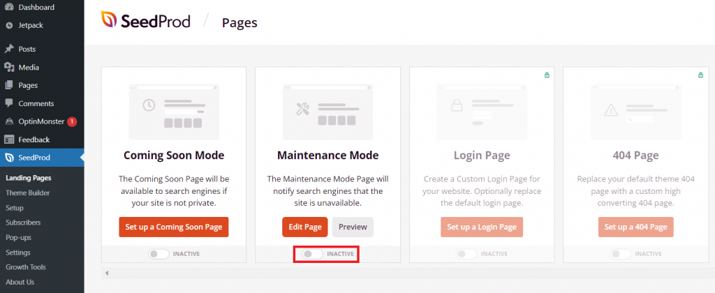 The SeedProd plugin's Landing Page menu with the Inactive toggle button under Maintenance Mode highlighted.