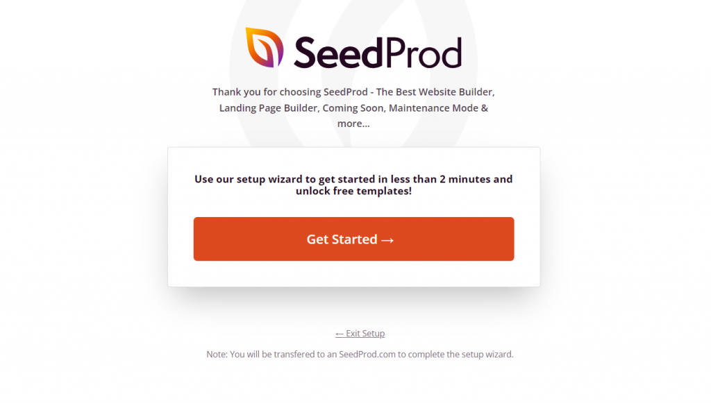 The SeedProd initial setup wizard page.