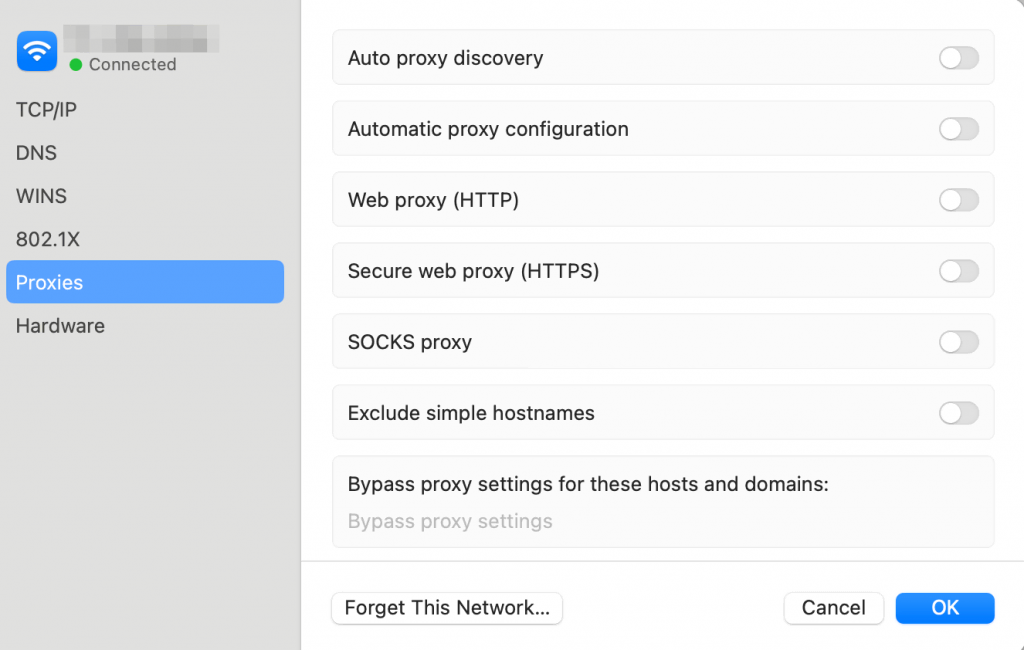 Accessing the Proxies tab on macOS Sonoma