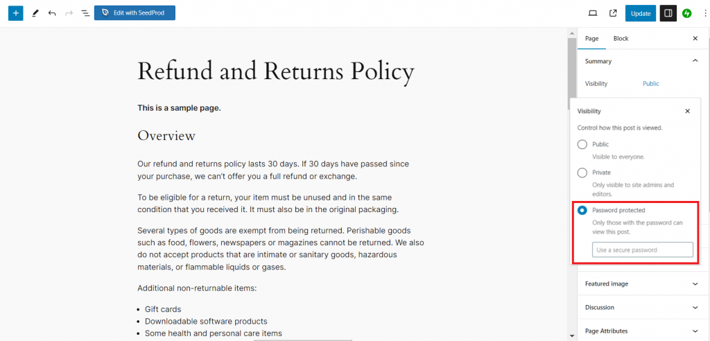 The Password protected visibility option in WordPress' block editor is highlighted.