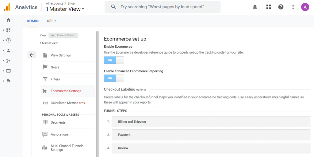 The Ecommerce Settings menu in Universal Analytics