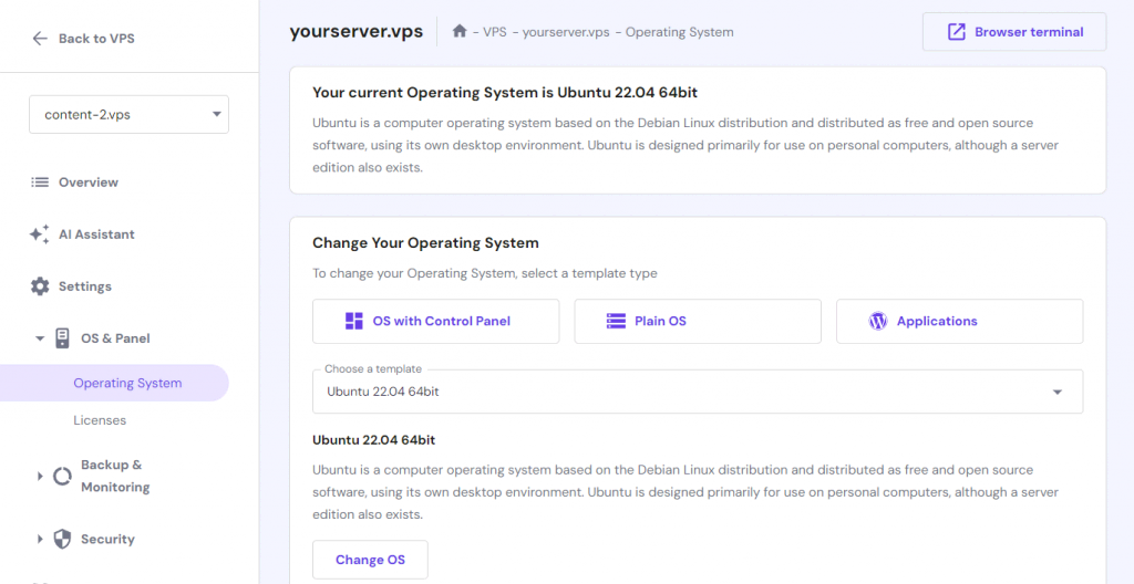 The VPS operating system selection menu in hPanel