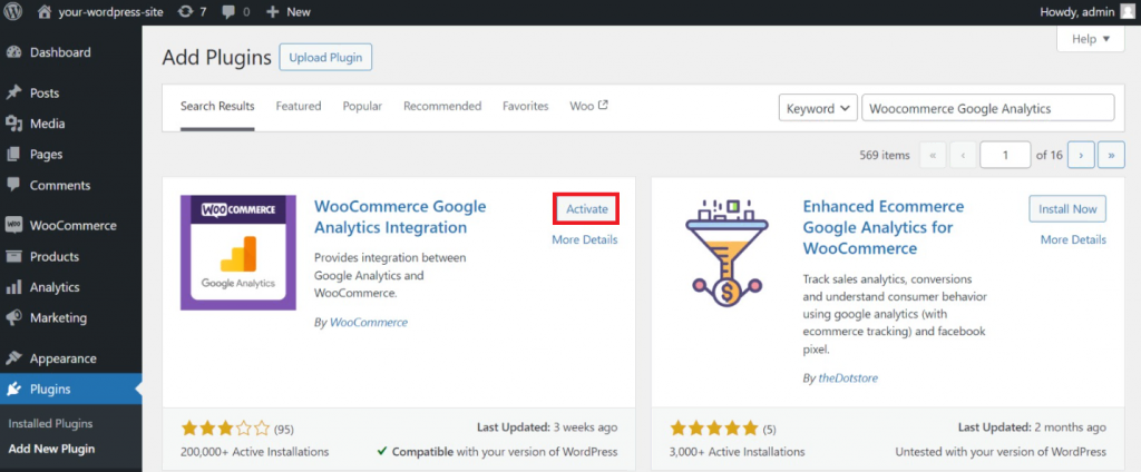 The WooCommerce Analytics plugin installation menu in WordPress