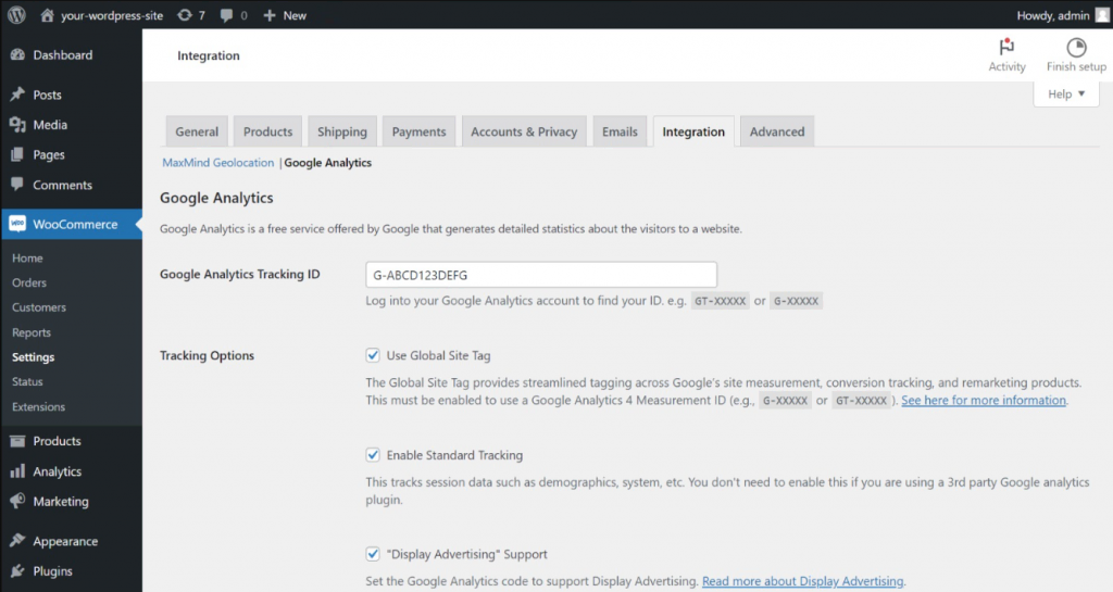 WooCommerce Google Analytics plugin integration settings page