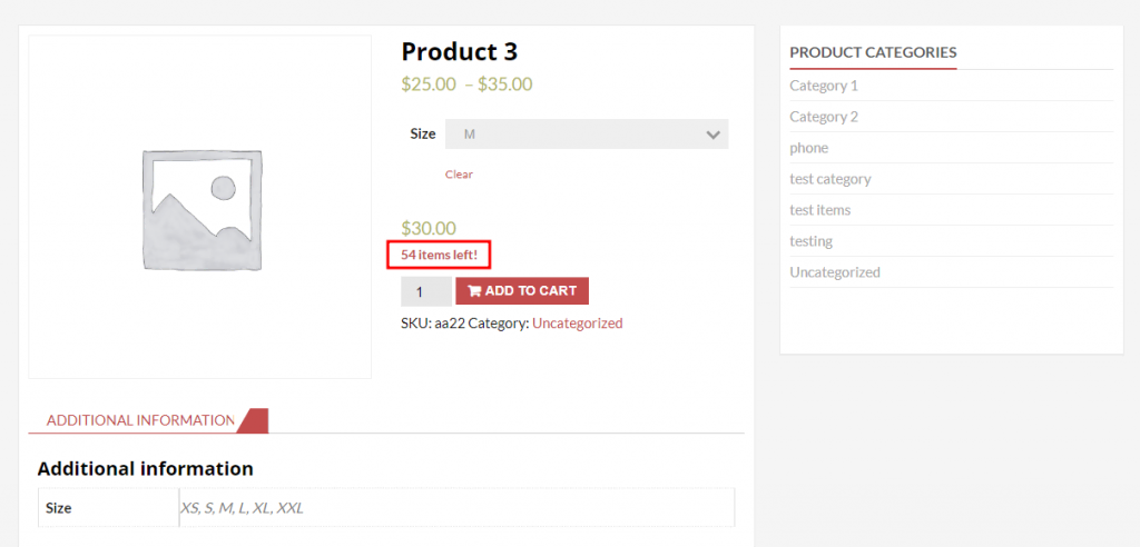 WooCommerce Out of Stock! Manager demo page highlighting the custom low stock warning text