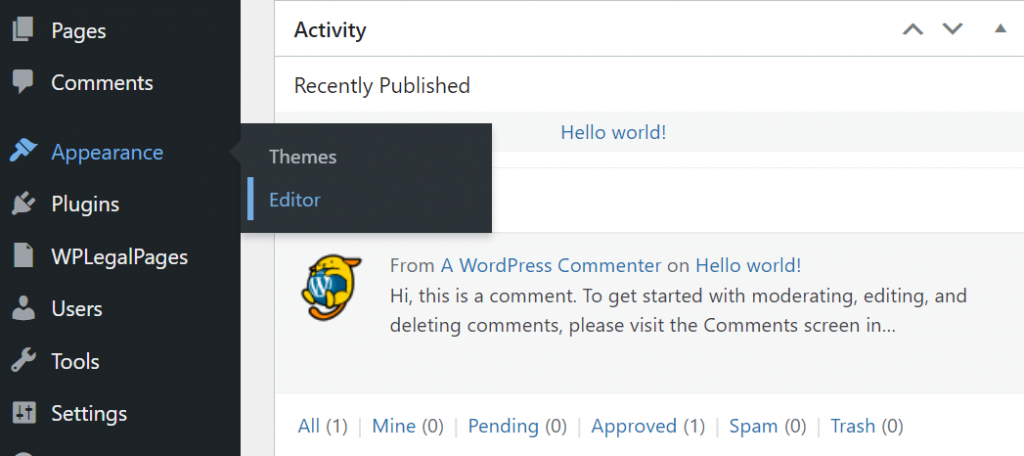 Accessing the Editor menu on the left sidebar of WordPress dashboard