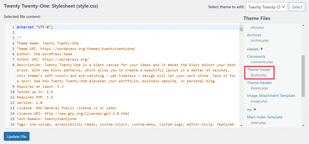 Selecting the Theme Footer file on the Theme Editor