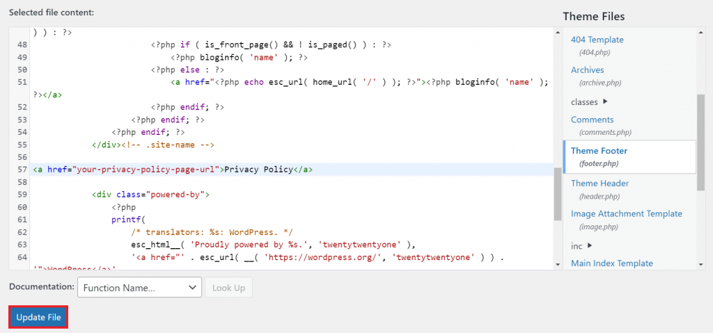 Updating the footer.php file code on the Theme Editor