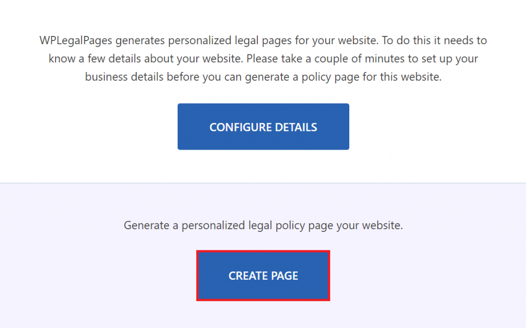 Starting the privacy policy creation with WPLegalPages