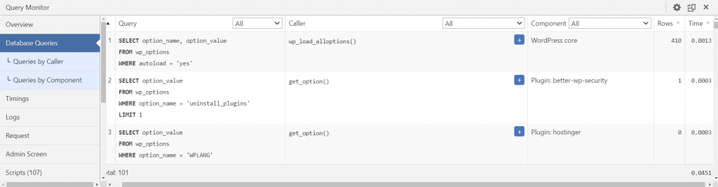 The Database Queries tab of Query Monitor plugin