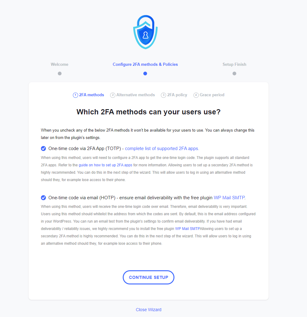 Selecting the 2FA methods for users