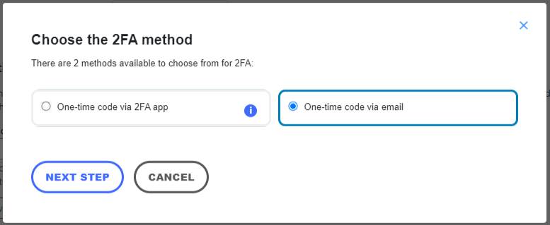 The step to select 2FA method, with the email authentication method selected