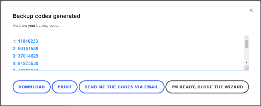 The example of generated backup codes from the 2FA plugin, with the option to download, and print, send via email.