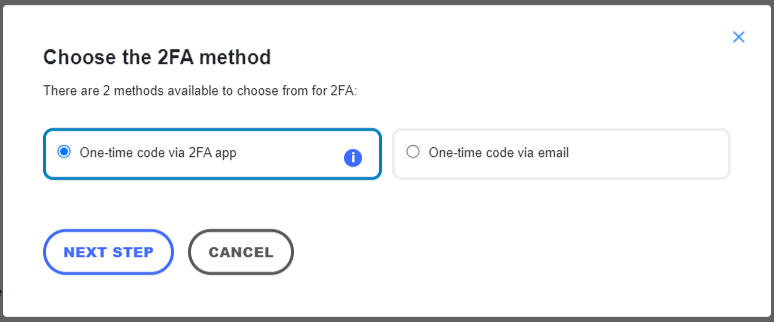 The step to select 2FA method, with the one-time code via 2FA app selected
