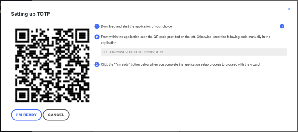 The QR code and authentication code to connect 2FA with an authentication app.
