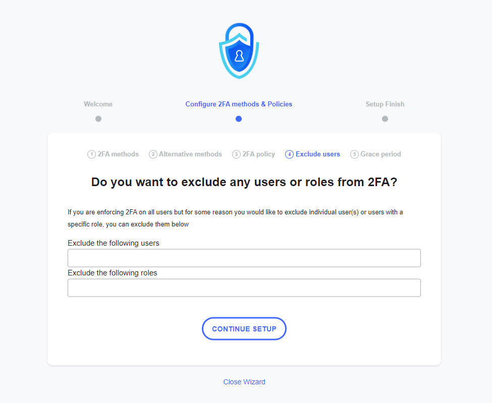 The options to exclude certain users or roles from 2FA