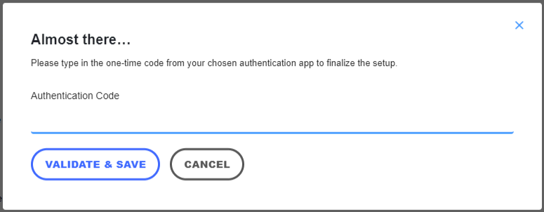 The step to enter the code from an authentication app to finalize the setup