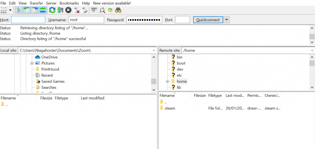 FileZilla user interface