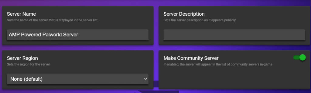 Palworld community server setting in Game Panel