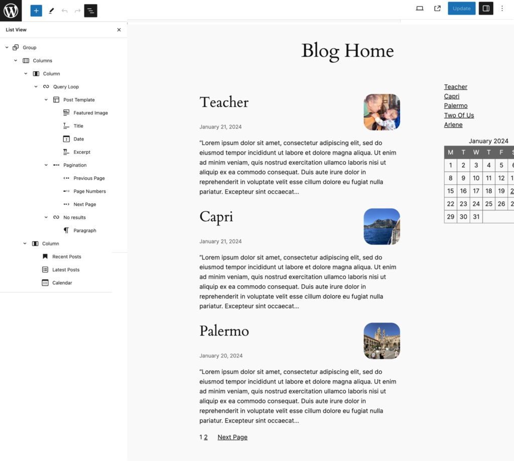 The example of using the custom archive pattern for the blog homepage