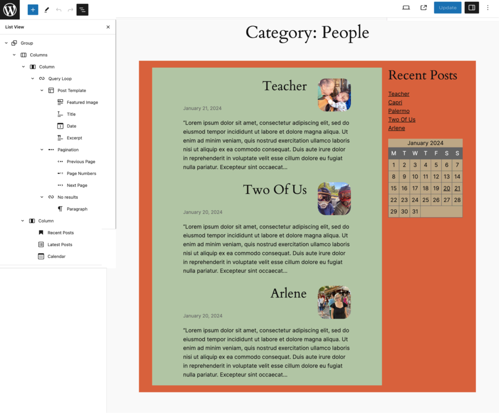 The example of using the custom archive pattern for the people category page