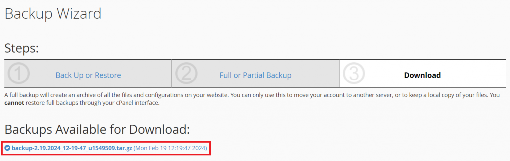 Downloading the backup file on cPanel's Backup Wizard