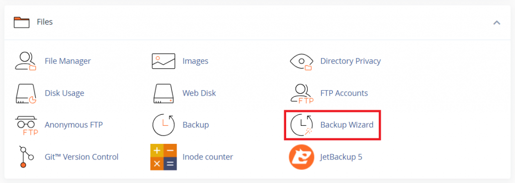 Accessing the Backup Wizard menu on cPanel