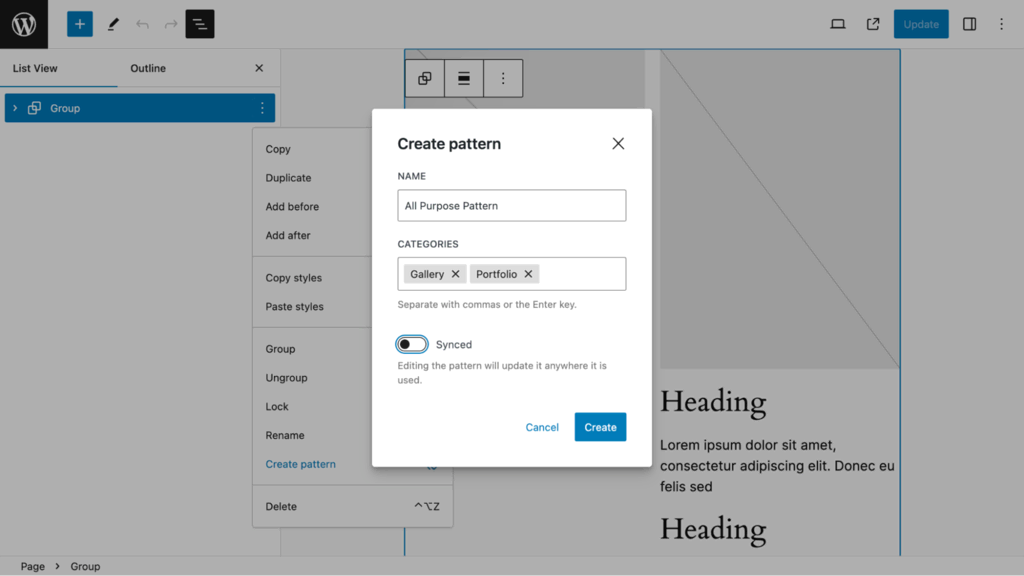 The pop up to create a pattern in the block editor, showing the synced toggle disabled and selected categories