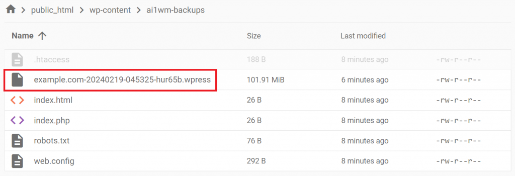 Uploading the WPRESS website file to the ai1wm-backups directory