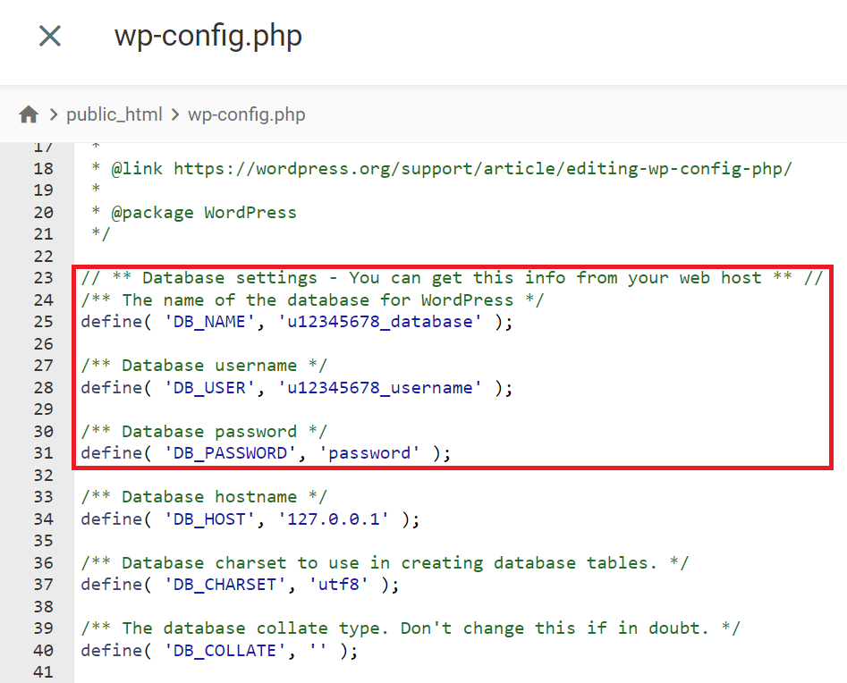 Editing database settings on the wp-config.php file