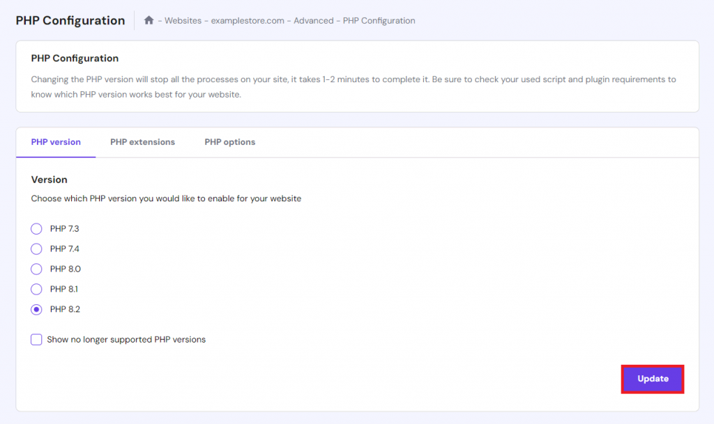 Updating the PHP version on hPanel