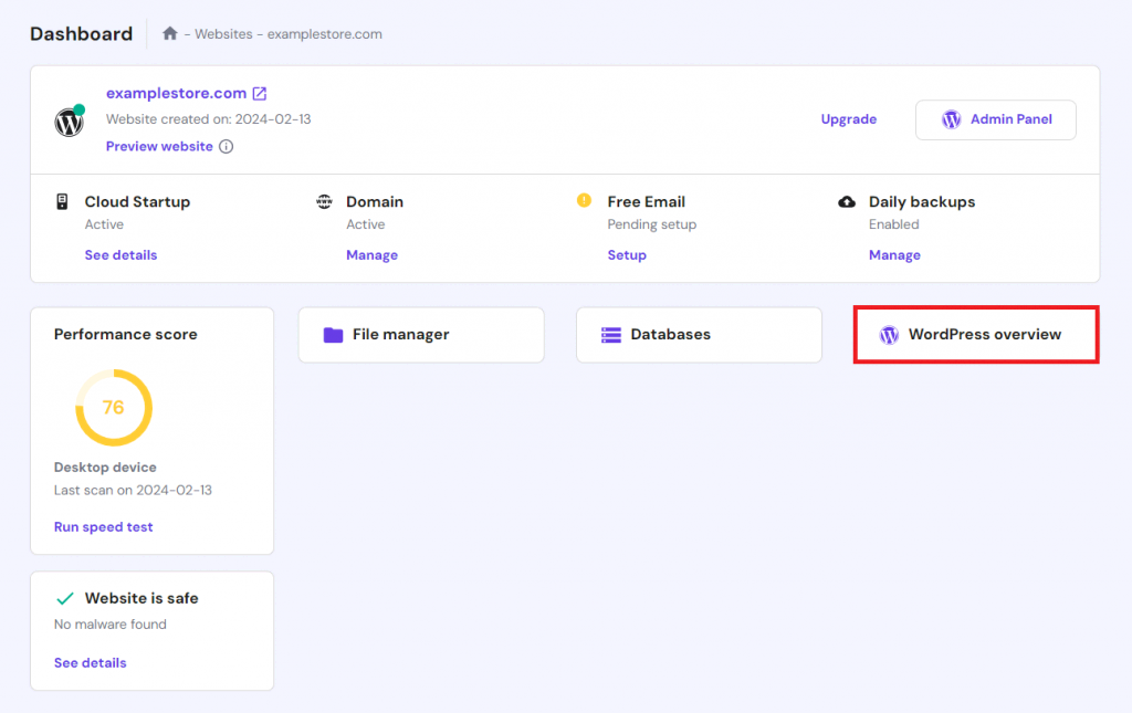 Accessing the WordPress overview menu on the hPanel dashboard