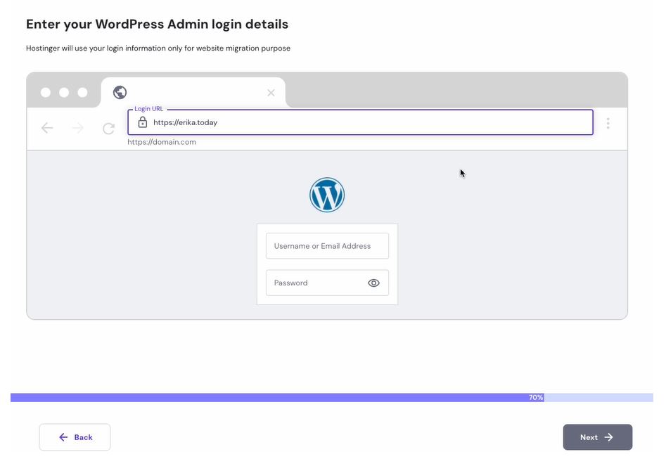 Entering the WordPress credentials on the migration flow's wizard of hPanel