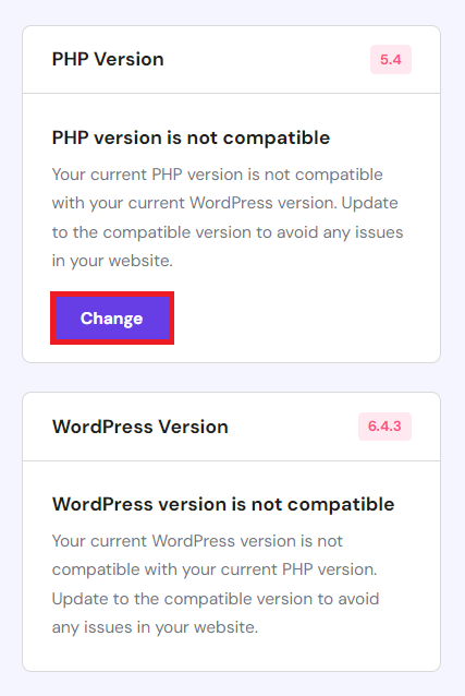 hPanel's WordPress Overview page showing a site with an unsupported PHP and WordPress version